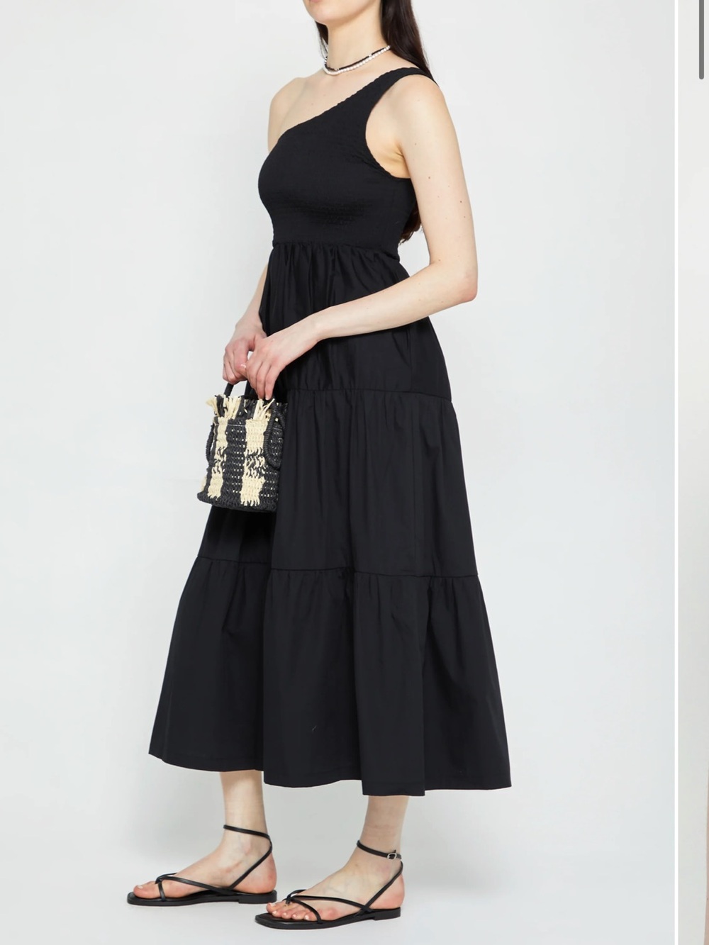 o.p.t Milada dress black one shoulder tiered maxi length 100% cotton size medium